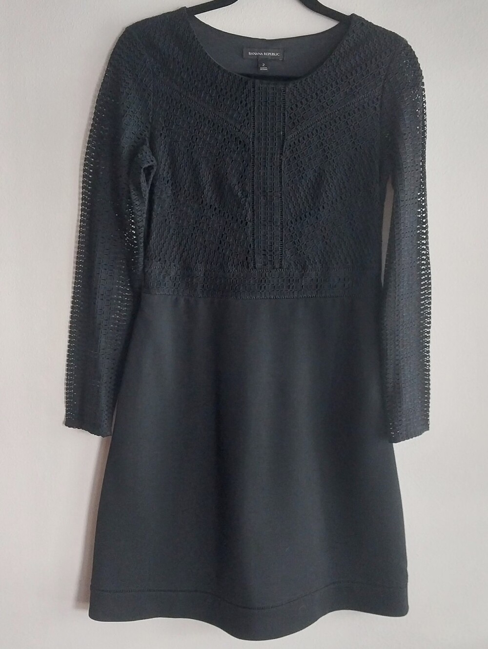 Banana Republic Black Long Sleeve Lace Bodice & Sleeve A-line Midi Dress NWOT